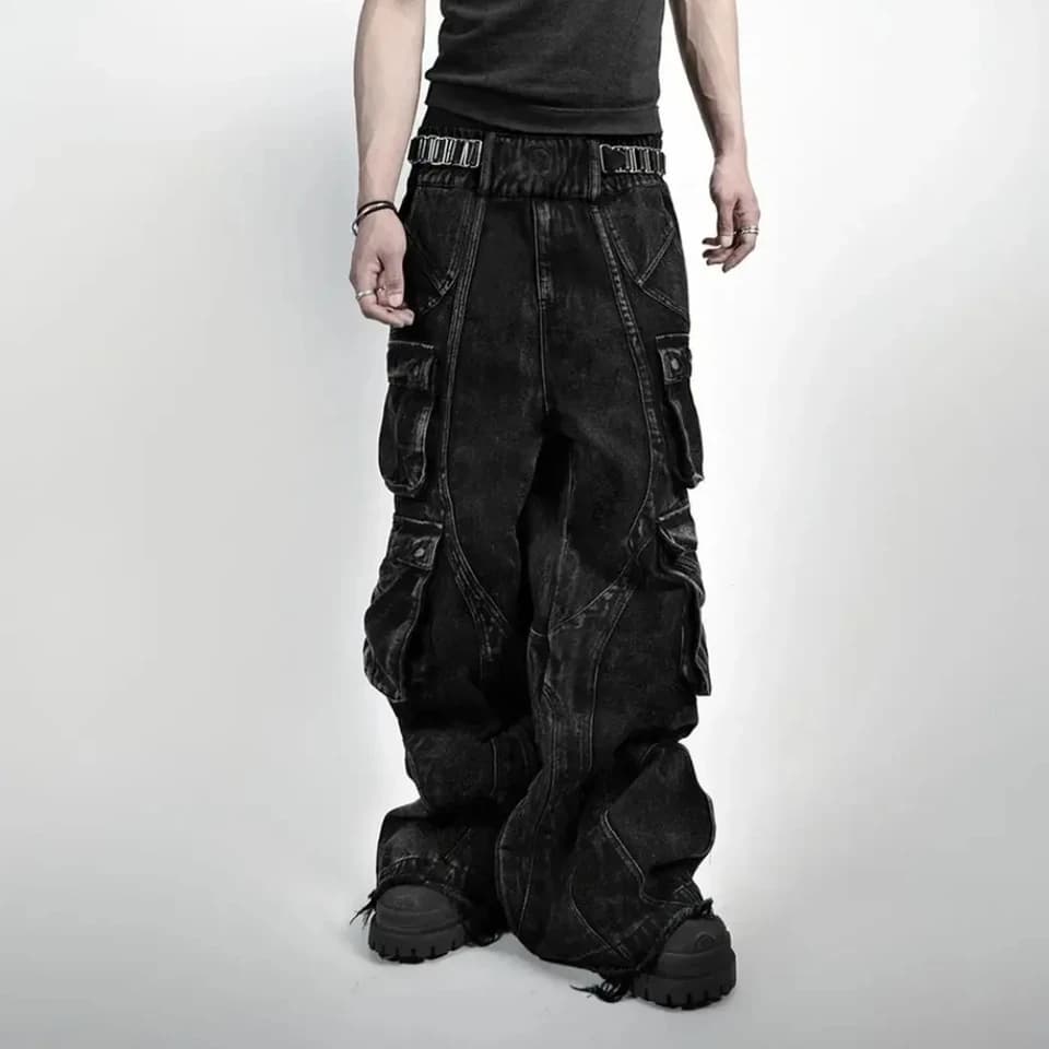Pánské volné džíny Y2K gothic styl černé s kapsami wide leg streetwear kalhoty
