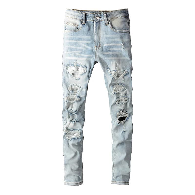 Pánské džíny s dírami a záplatami - světle modré slim fit streetwear kalhoty