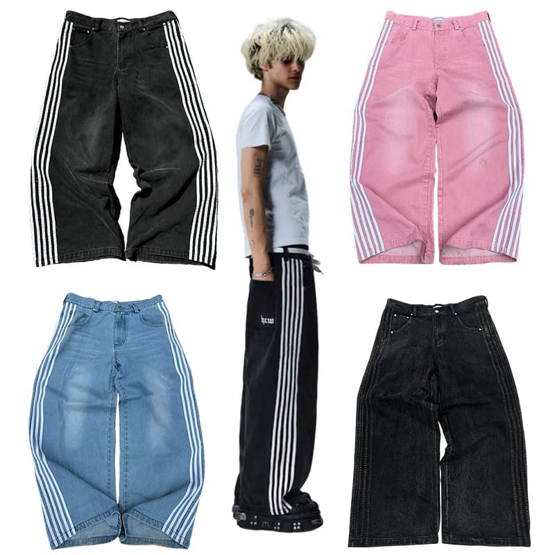 Volné džíny Y2K s výšivkou unisex - retro streetwear kalhoty s proužky široké nohavice