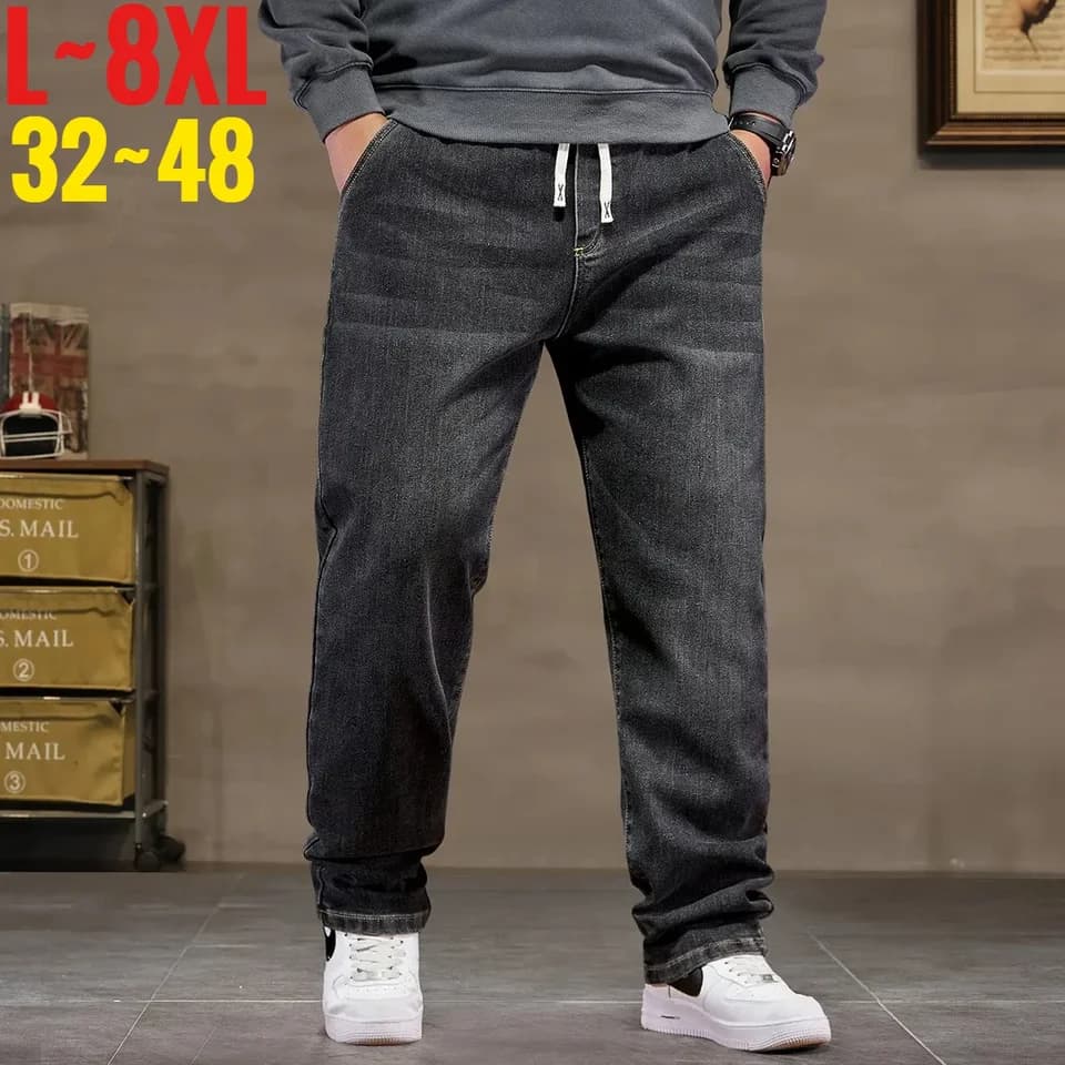 Pánské džíny nadměrné velikosti 6XL-8XL elastický pas volný střih černé modré