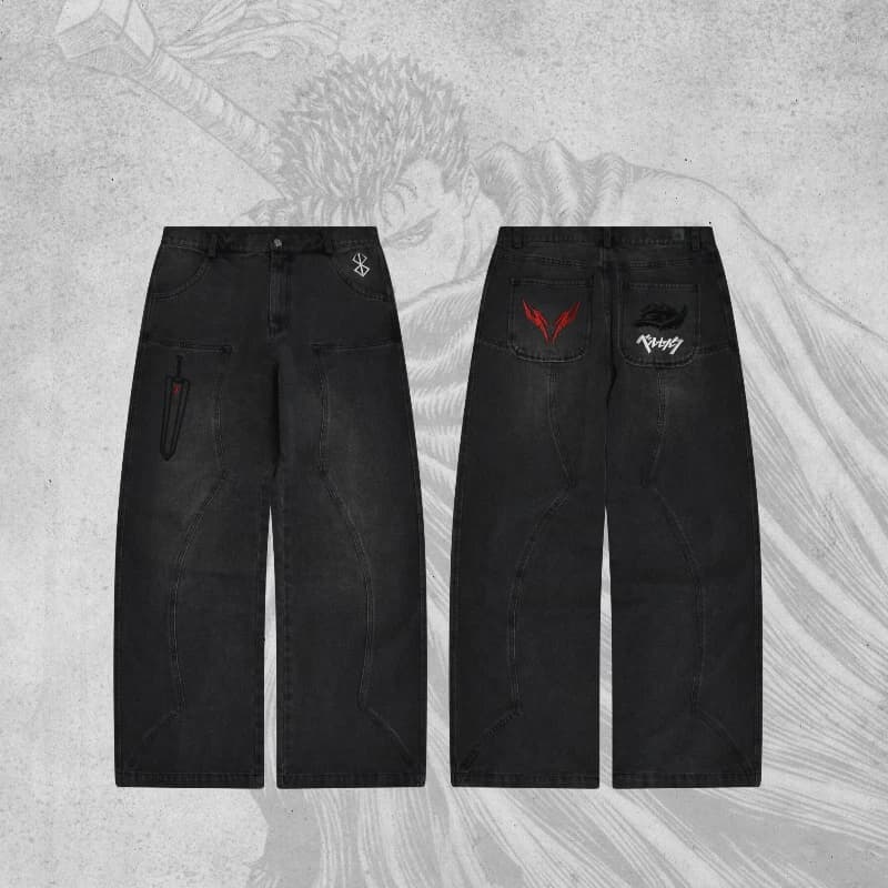 Pánské baggy jeans Y2K styl - volné kalhoty s výšivkou streetwear gothic módní