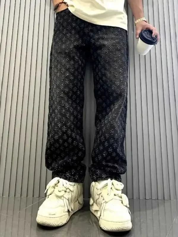 Pánské volné džíny Y2K retro styl wide leg hip-hop design casual kalhoty