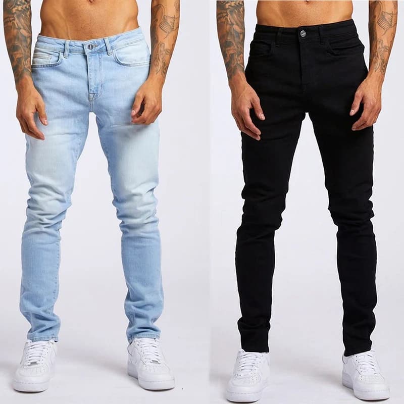 Pánské elastické džíny slim fit černé strečové kalhoty casual streetwear denim