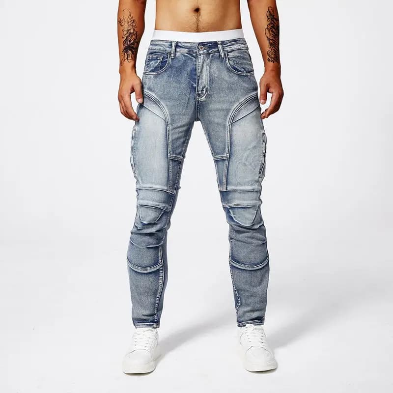 Pánské džíny slim fit rovné nohavice distressed patchwork letní kalhoty tenké