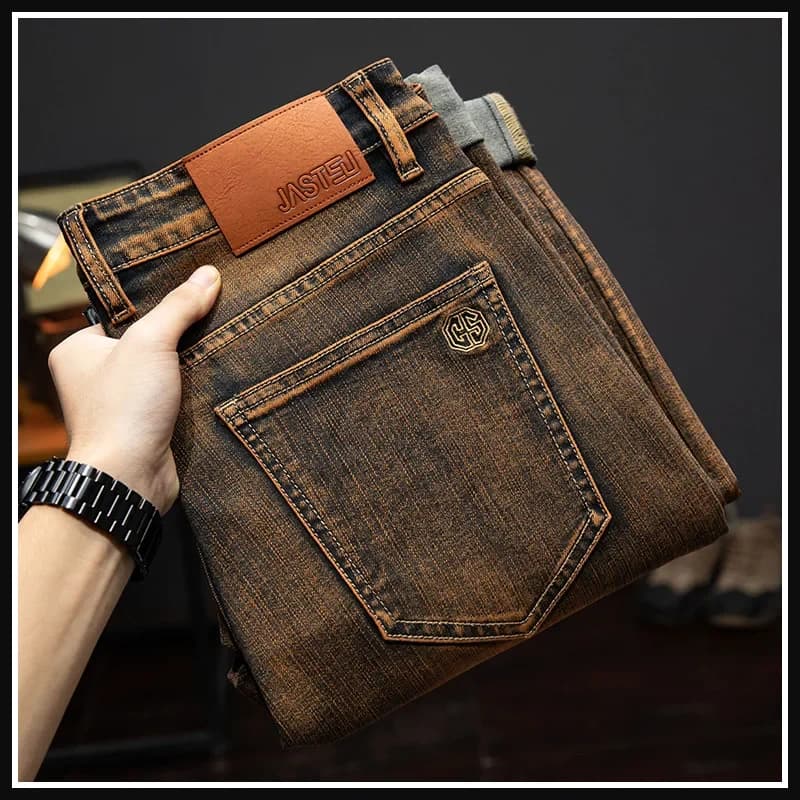 Pánské hnědé džíny slim fit elastické rovné nohy casual trendy jaro podzim 2024