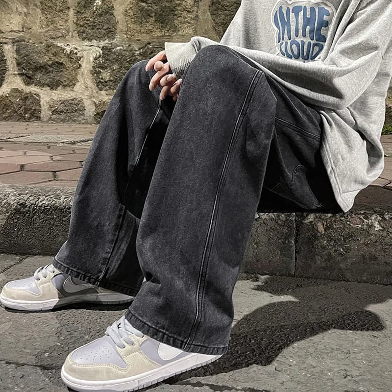 Pánské volné džíny rovného střihu - černé šedé modré baggy kalhoty casual styl