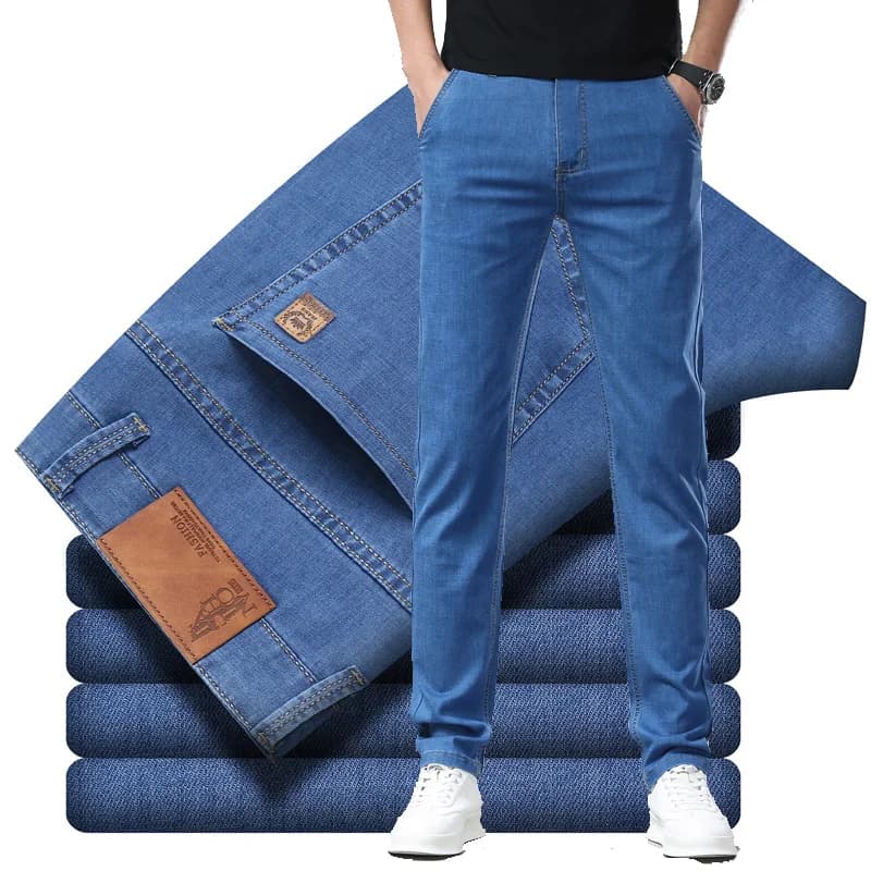 Pánské světle modré bavlněné kalhoty elastické rovné džíny business casual