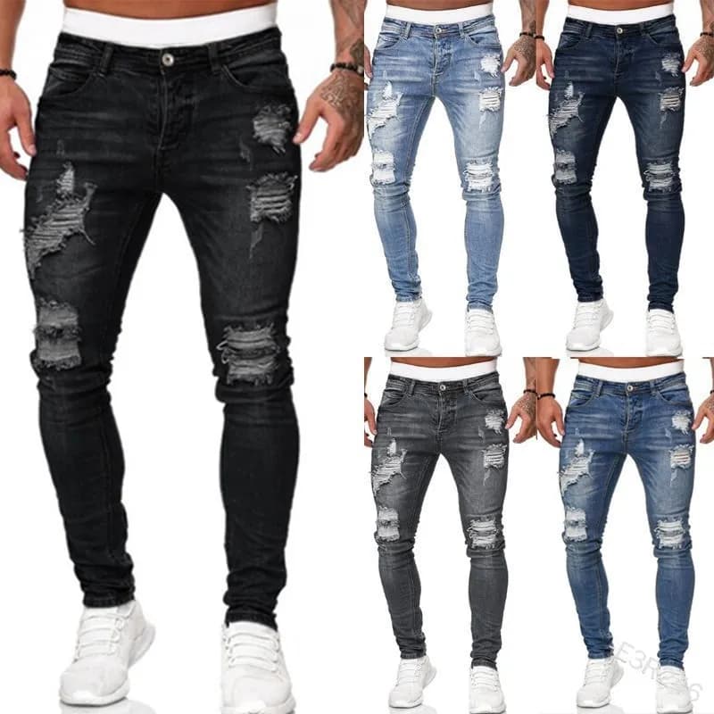 Pánské slim fit džíny s potrhaným vzhledem - vintage denim kalhoty casual styl