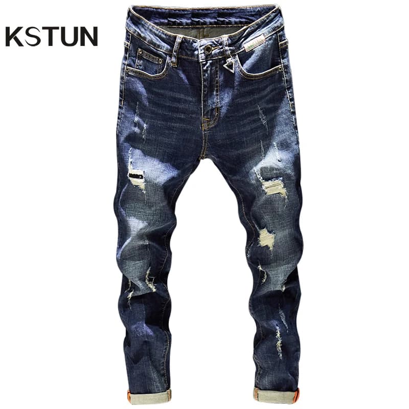 Pánské trhané džíny slim fit tmavě modré stylové moto biker kalhoty streetwear