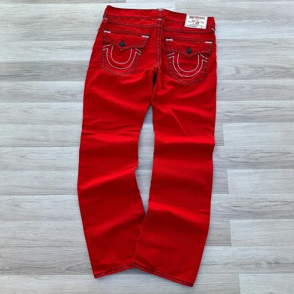 Červené vintage džíny s výšivkou gothic hip hop baggy volné denim kalhoty unisex retro