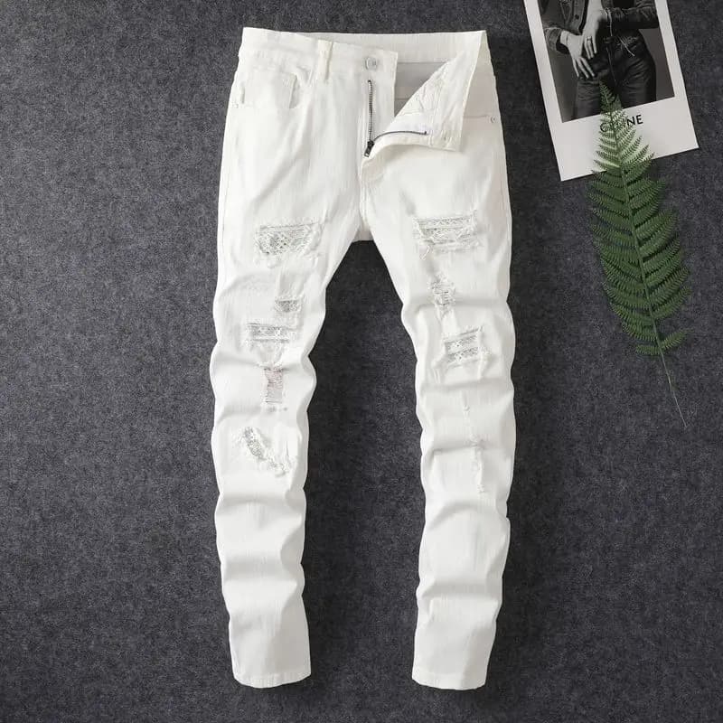 Pánské bílé slim fit džíny s dírami a diamanty - stylové trendy kalhoty jaro léto