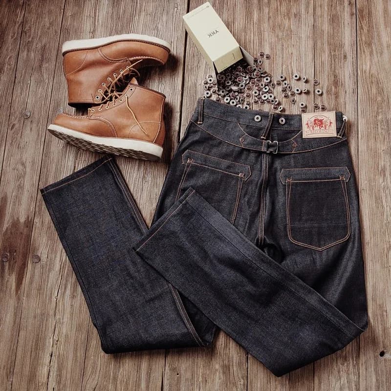 Pánské černé džíny raw selvedge denim s přezkou vzadu - kovářské kalhoty