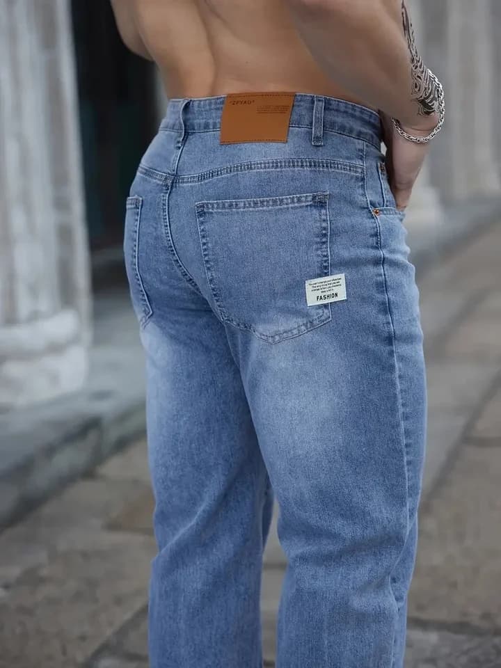 Pánské letní džíny s elastickým pasem - rovný střih, výšivka, casual styl