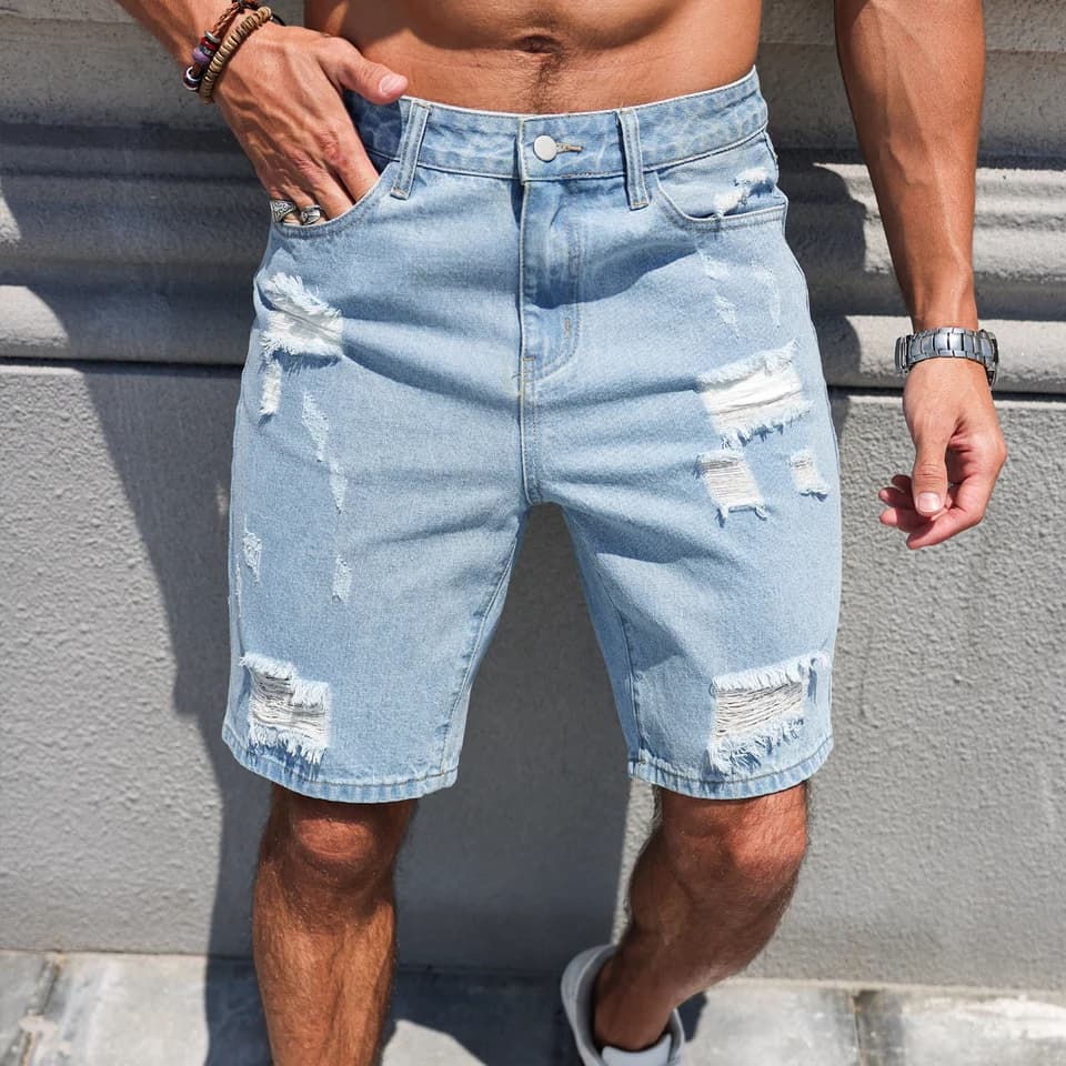 Pánské džínové kraťasy s děrami - letní volné casual šortky přímého střihu