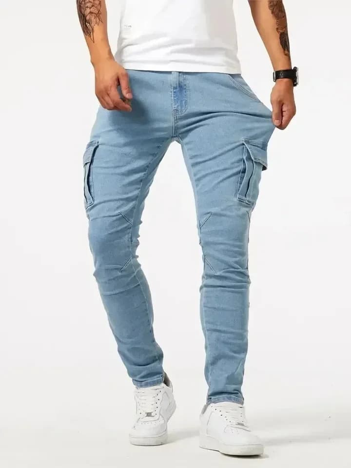 Pánské elastické džíny cargo s více kapsami slim fit denní nošení casual kalhoty
