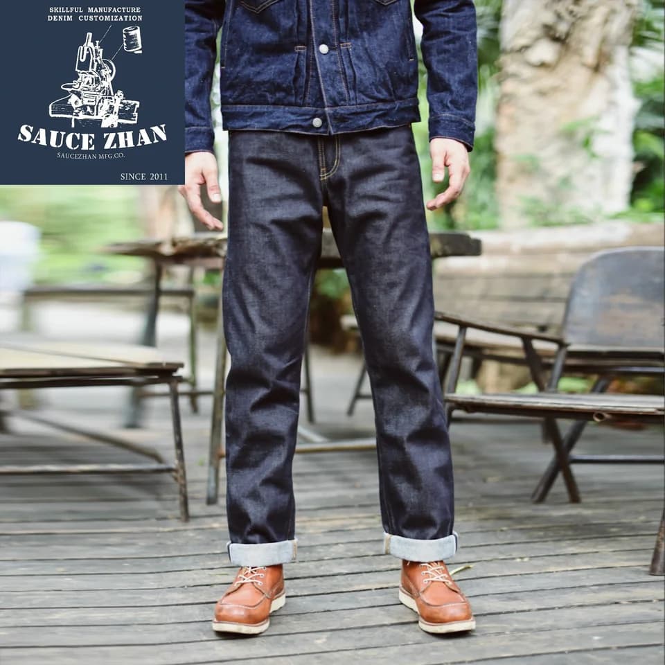 Pánské džíny raw denim selvedge indigo nevypraný rovný střih casual denimové kalhoty