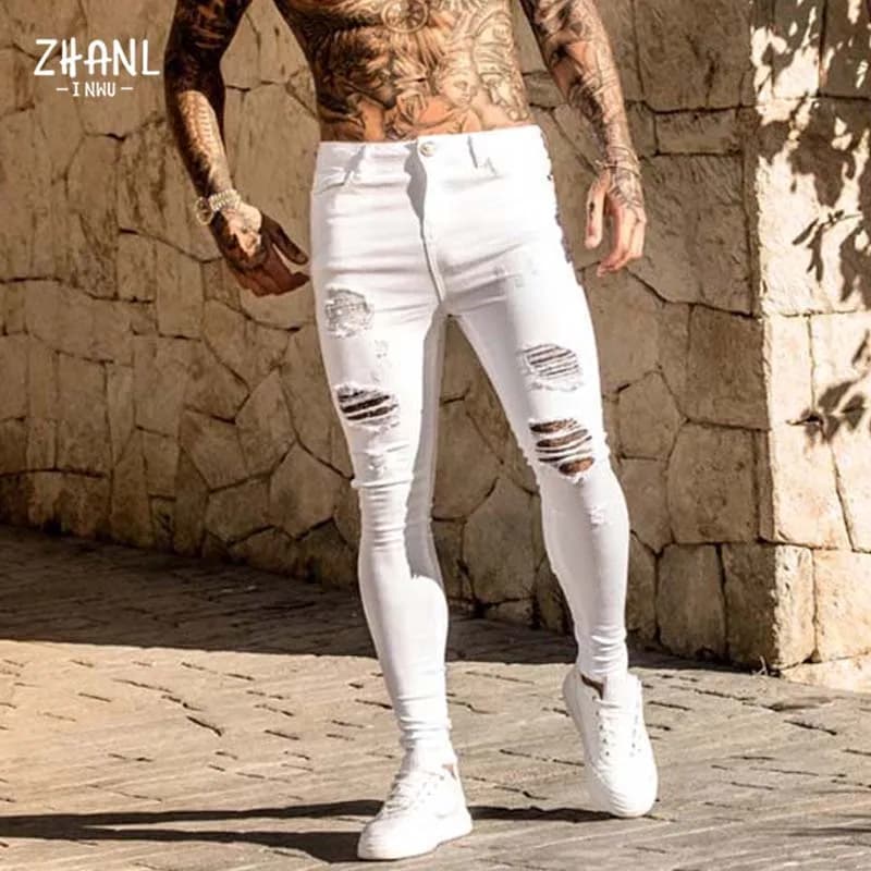 Pánské bílé skinny džíny s trhaným efektem streetwear vintage casual slim fit kalhoty