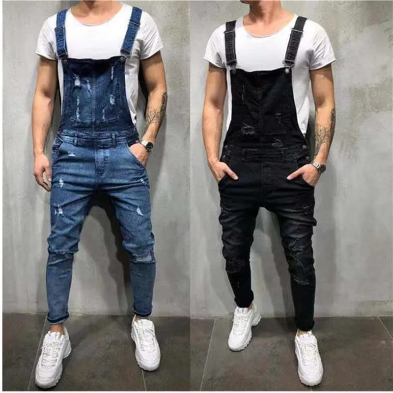 Pánské džínové lacláče s kapsami - trhané denim overaly streetwear styl cargo kalhoty