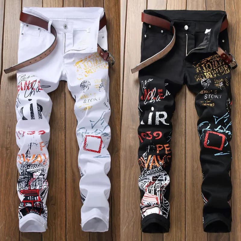 Pánské skinny džíny s potiskem černobílé hip hop punk kalhoty módní slim fit