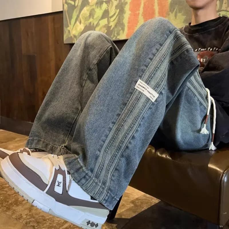 Pánské rovné džíny elastický pas volné retro styl jarní podzimní casual kalhoty