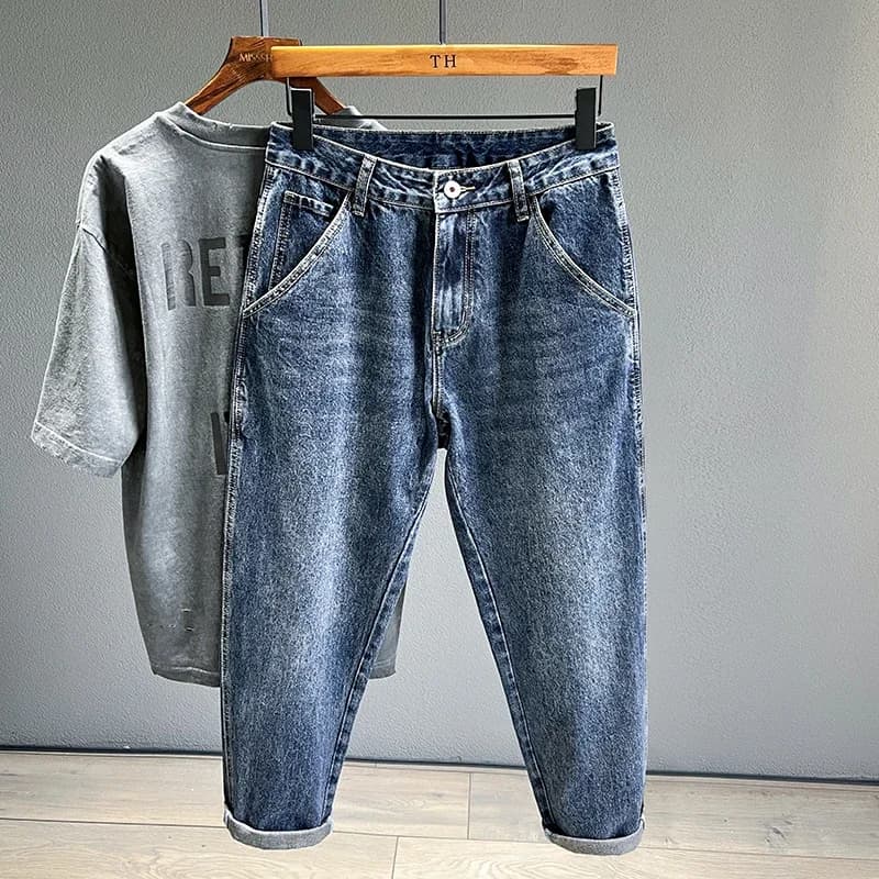 Pánské vintage džíny modré zúžené kalhoty streetwear denim oblečení vysoká kvalita