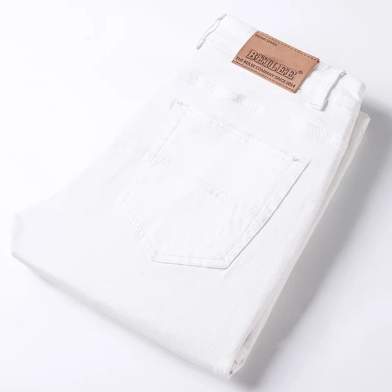 Bílé pánské džíny slim fit střední pas 98% bavlna elastické denimové kalhoty moderní