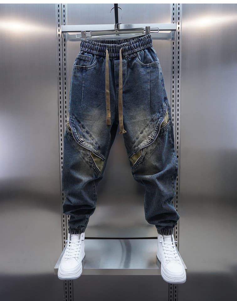 Pánské baggy džíny s patchwork designem hip-hop street style volné kalhoty módní