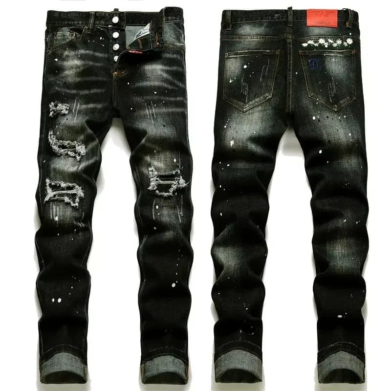 Pánské černé skinny džíny s dírami - strečové slim fit denim kalhoty velikost 42