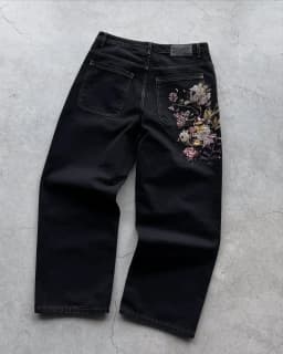 Dámské černé džíny s nízkým pasem wide leg vintage s výšivkou květin baggy streetwear - náhled 2