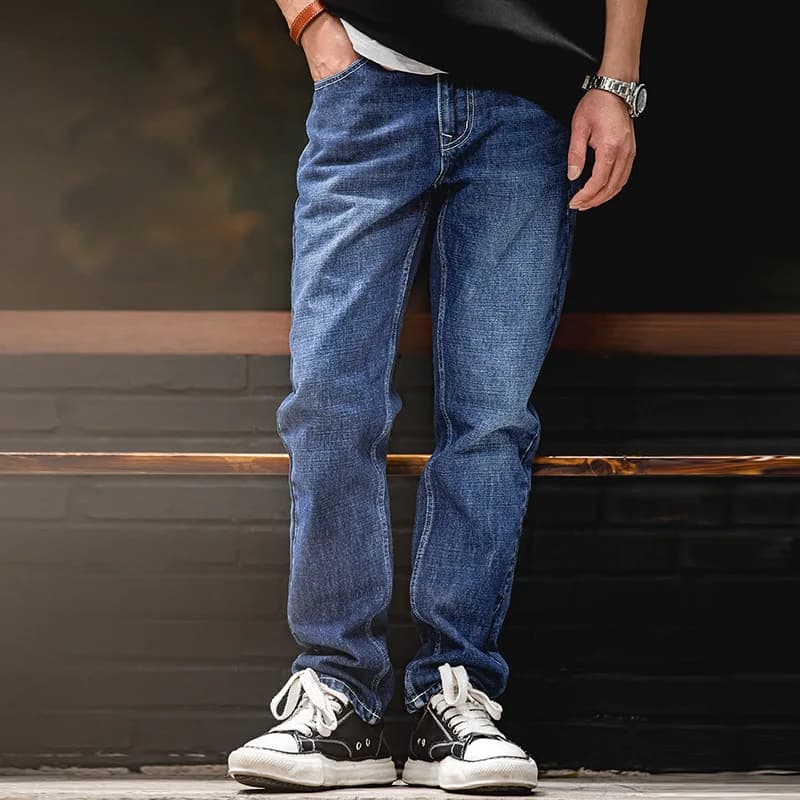 Pánské džíny rovný střih střední pas těžká denim bavlna retro style podzimní kalhoty