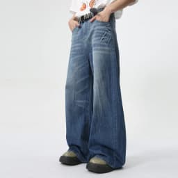 Pánské džíny široké rovné nohy blesk vzor prané denim kalhoty jaro léto - náhled 5