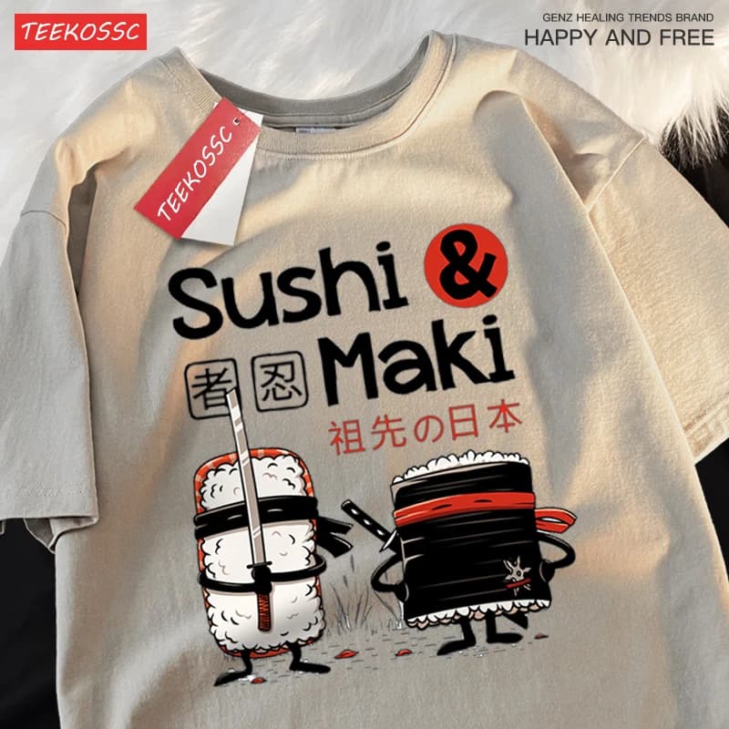 Bavlněné tričko s potiskem sushi unisex volný střih kulatý výstřih módní oblečení