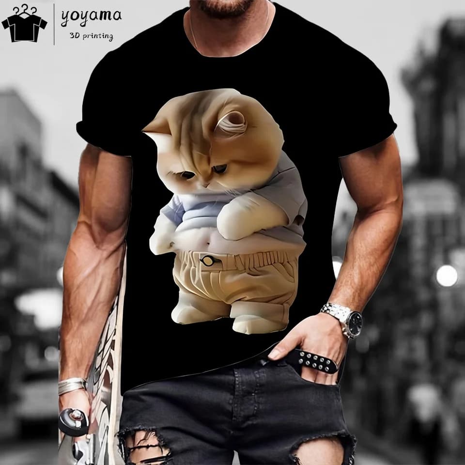 Vtipné tričko s tučnou kočkou pánské oversized casual tee s potiskem zvířat krátký rukáv
