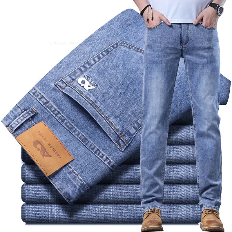 Pánské světle modré slim džíny pružné denim kalhoty klasické šedé jarní casual