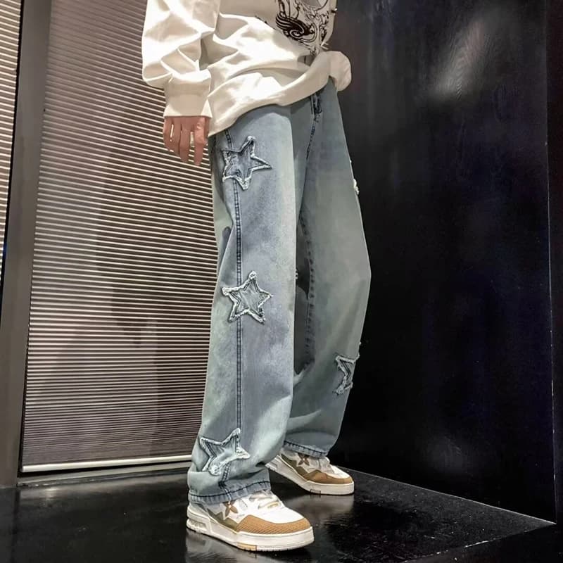 Pánské široké džíny s výšivkou hvězd gothic streetwear volné kalhoty hip-hop styl