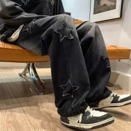 Pánské široké džíny s výšivkou hvězd gothic streetwear volné kalhoty hip-hop styl - náhled 4