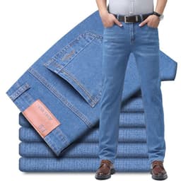 Pánské letní elastické bavlněné džíny modré pohodlné rovné kalhoty casual business - náhled 3