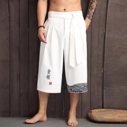 Pánské tradiční kimono kalhoty volné lněné 7/8 japonský styl casual oblečení - náhled 4