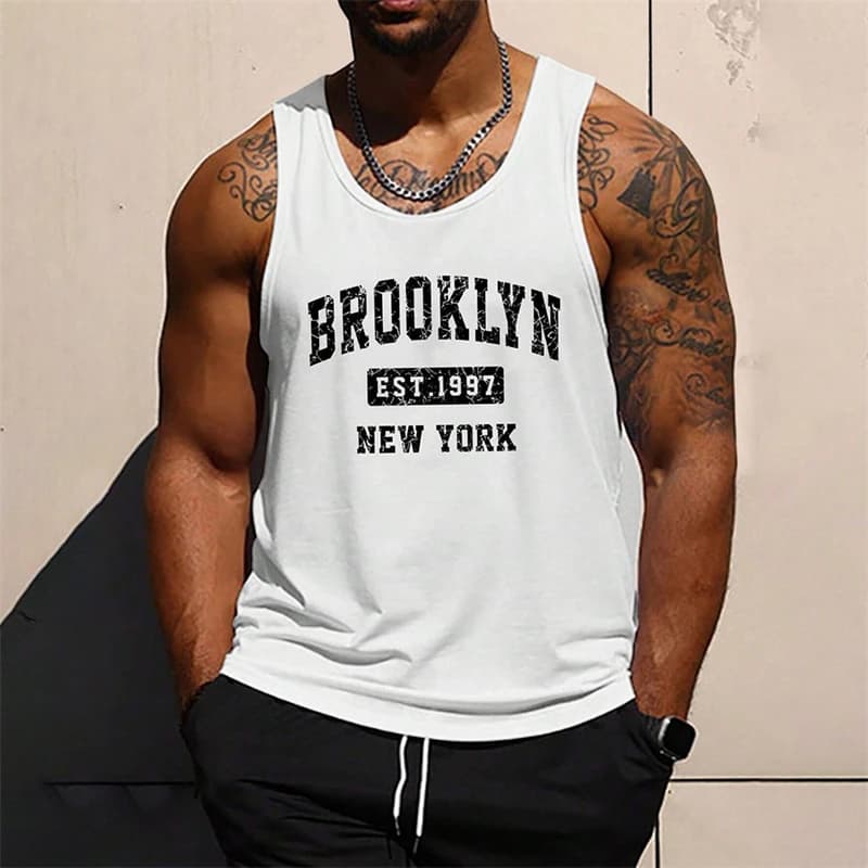 Pánské letní tílko 3D potisk Brooklyn nápisy bezrukávník streetwear fitness top