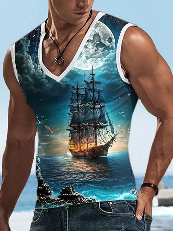 Pánská letní vesta s V-výstřihem a potiskem lodi - pohodlné volnočasové tričko