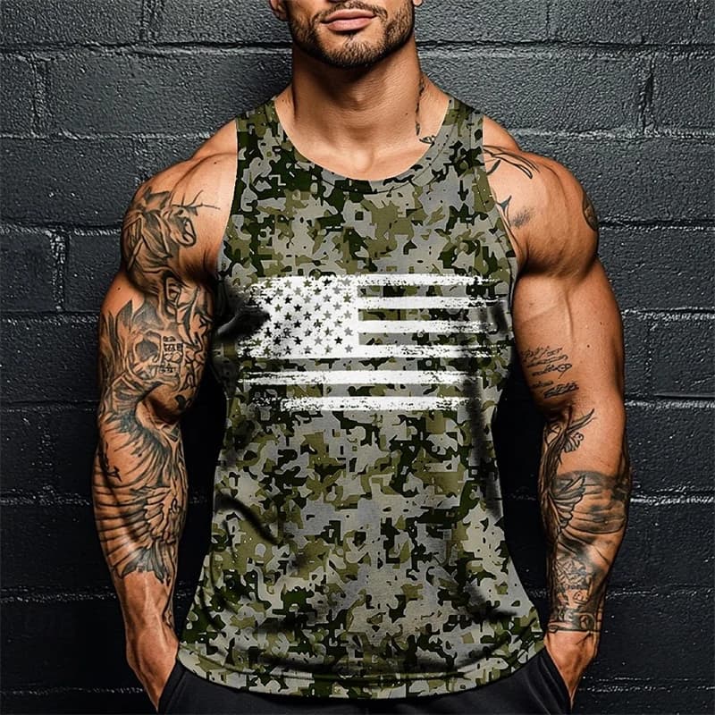 Pánské fitness tílko kamufláž pixel print bezrukávník letní móda oversize camo top