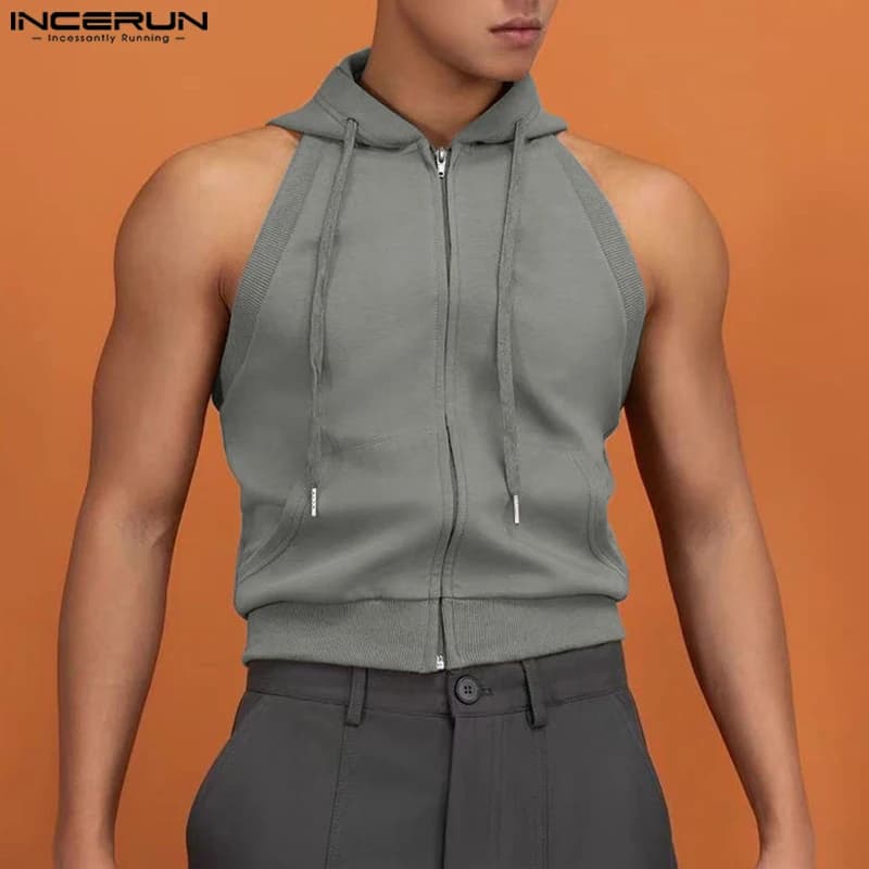 Pánské sportovní vesty s kapucí a zipem, elastické tílka pro fitness a volný čas S-5XL