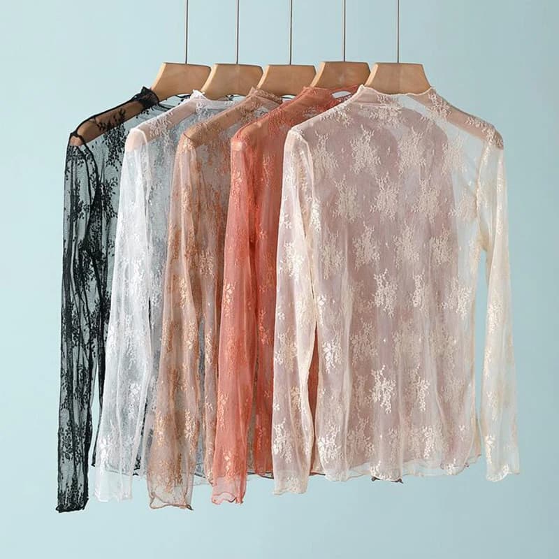 Dámská krajková košile s dlouhým rukávem síťovaná transparentní halenka S-XL