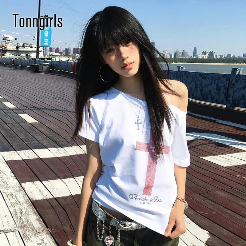 Dámské gotické crop topy vintage Y2k retro grunge tričko s krátkým rukávem 90s styl