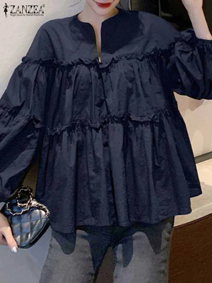 Dámská elegantní halenka s dlouhým rukávem a volány pro práci a společenské akce