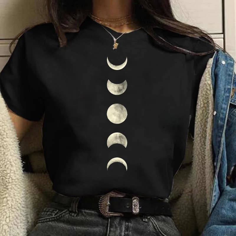 Dámské tričko s potiskem měsíce černé letní harajuku módní tričko casual top