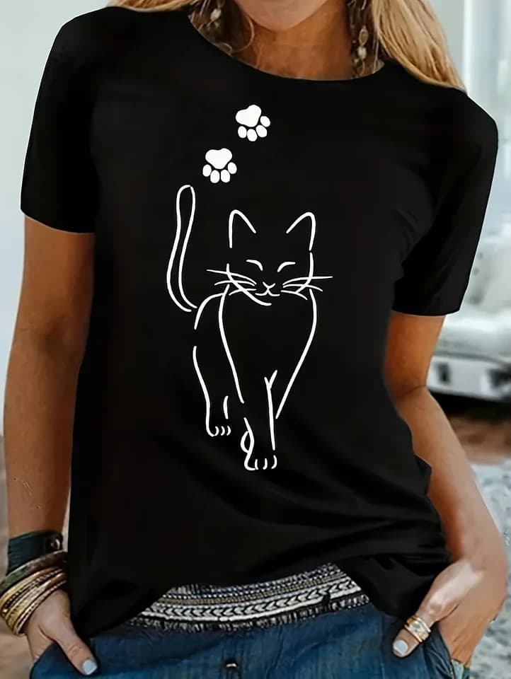 Dámské tričko s potiskem kočky - krátký rukáv, kulatý výstřih, letní casual top