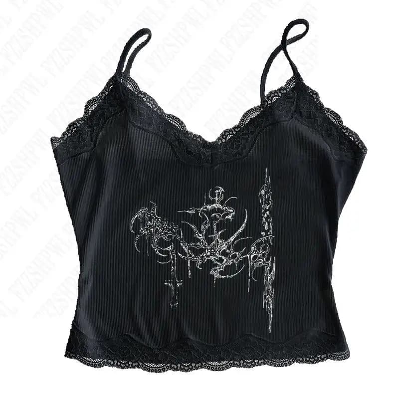 Dámský Gothic Crop Top s Krajkou - Y2K Harajuku Halter Tílko Punk Styl Estetické Topy
