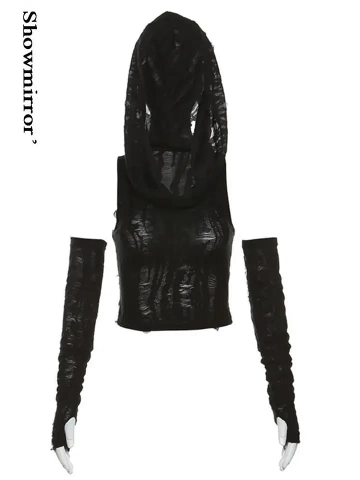 Dámské gothic crop top s kapucí - Y2K retro tričko streetwear punk styl černé