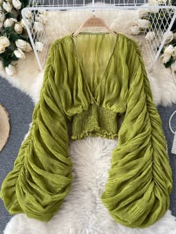 Dámská elegantní šifonová halenka s V-výstřihem a dlouhými rukávy - letní party top - náhled 3